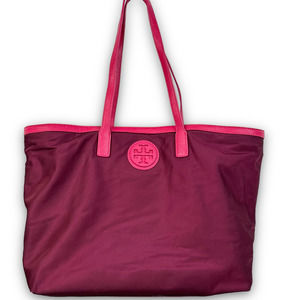 Tory Burch Marion Nylon Tote Shoulder Bag Large Maroon Pink Trim